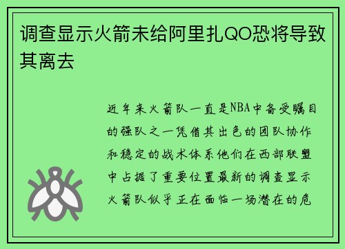 调查显示火箭未给阿里扎QO恐将导致其离去