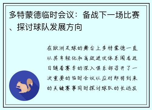 多特蒙德临时会议：备战下一场比赛、探讨球队发展方向