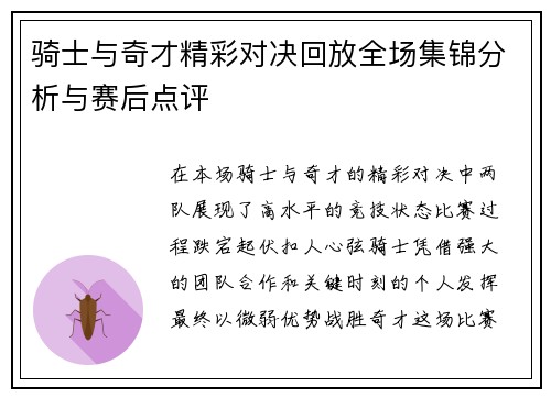 骑士与奇才精彩对决回放全场集锦分析与赛后点评