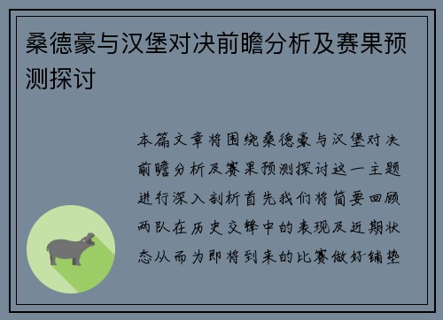 桑德豪与汉堡对决前瞻分析及赛果预测探讨